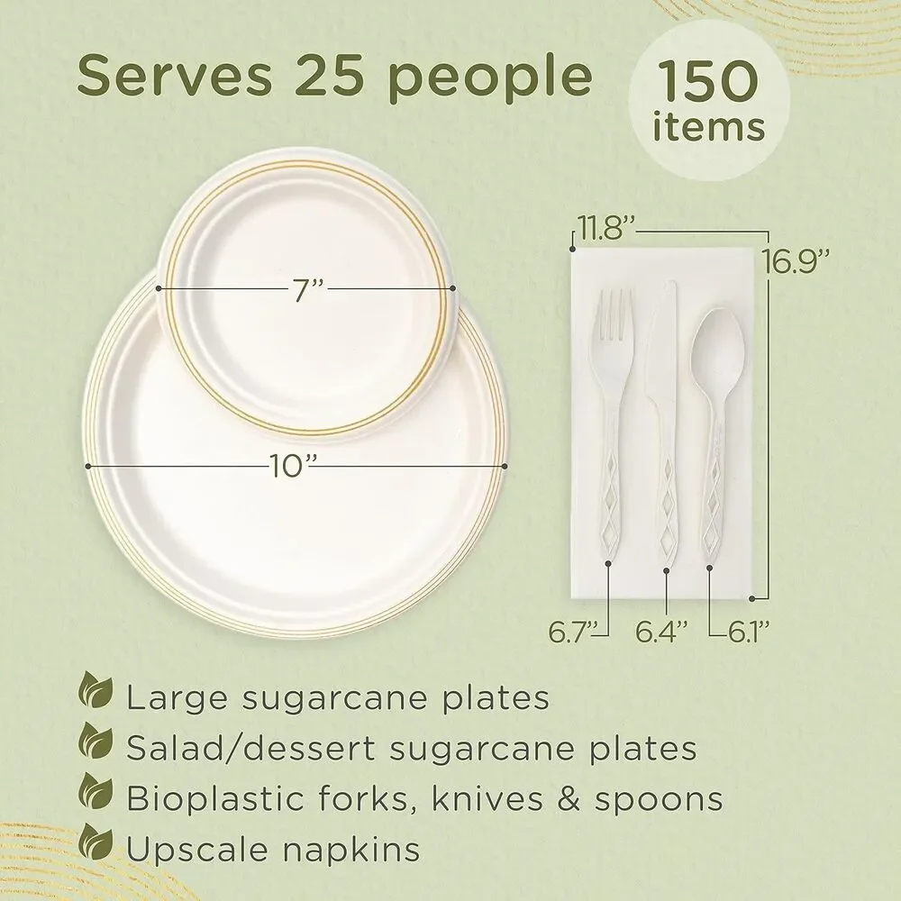150 PCS Disposable Eco-Friendly Premium Dinnerware for Parties, Events Serves 25